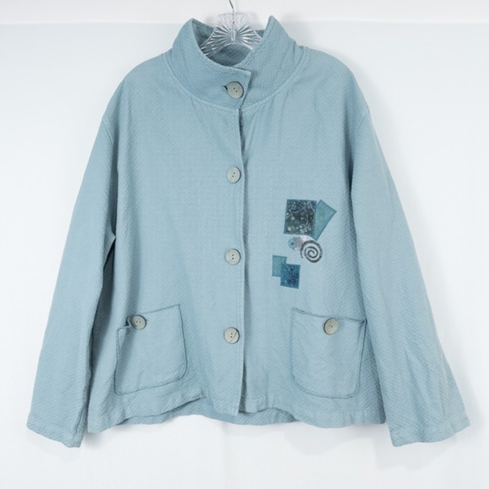 Focus Textured Cotton Lightweight Button Jacket Size L Blue Artsy Lagenlook Boho